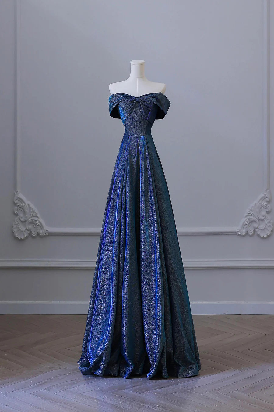 Glitter Blue Polyester Off the Shoulder Back Lace-up A-Line Long Prom Party Dress