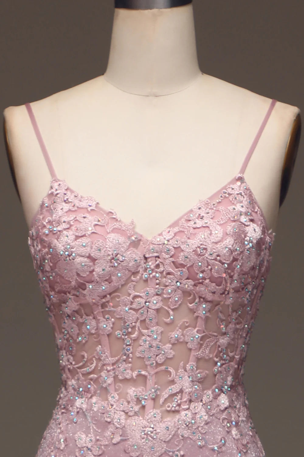 Glitter Blush Tulle Lace Mermaid Spaghetti Straps Long Prom Dress with Beading