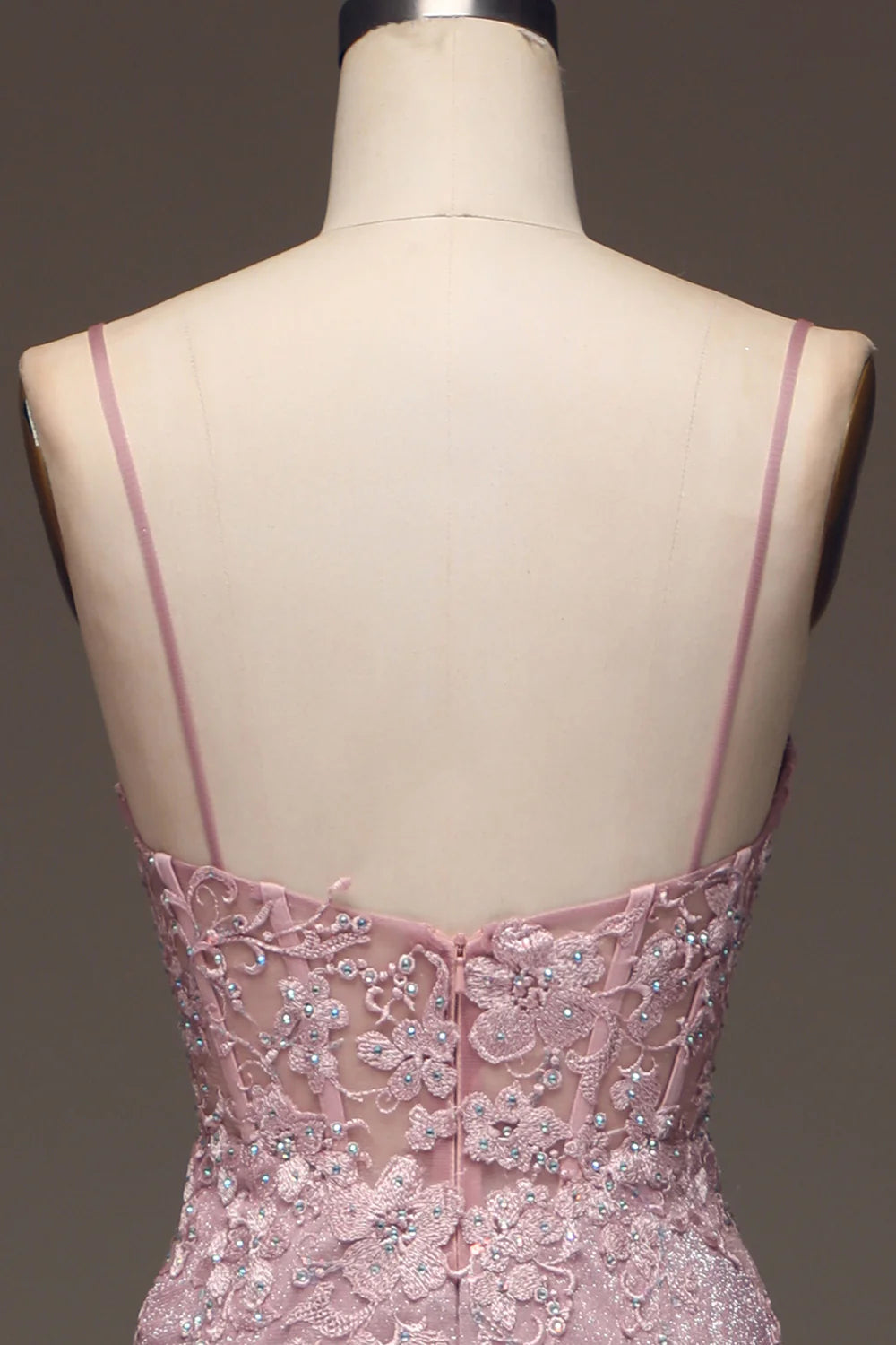 Glitter Blush Tulle Lace Mermaid Spaghetti Straps Long Prom Dress with Beading