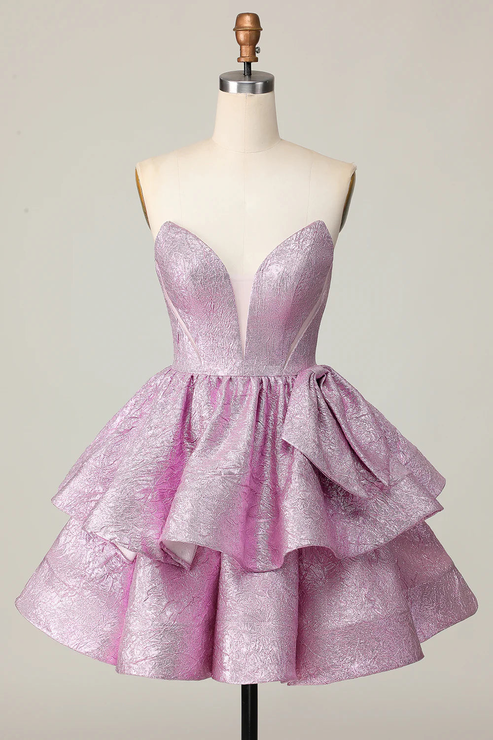 Glitter Light Purple Lace Deep V Neck Tiered A Line Strapless Homecoming Dress With Bow