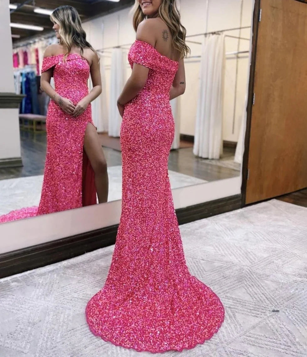 Glitter Mermaid One Shoulder Sequin Pink Long Evening Dress With Slit