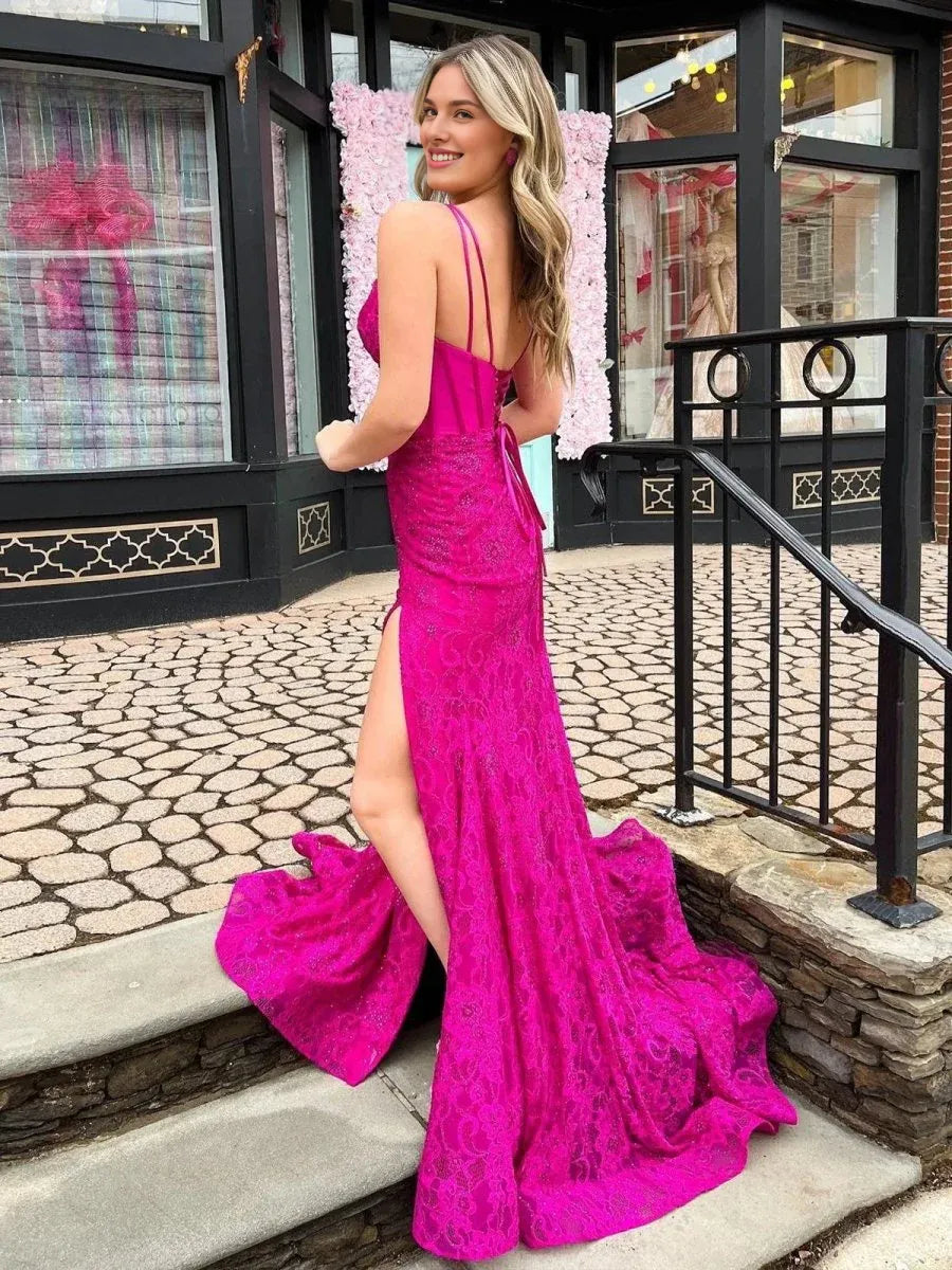 Glitter Mermaid V-Neck Lace Satin Fuchsia Prom Dress With Sweep Train