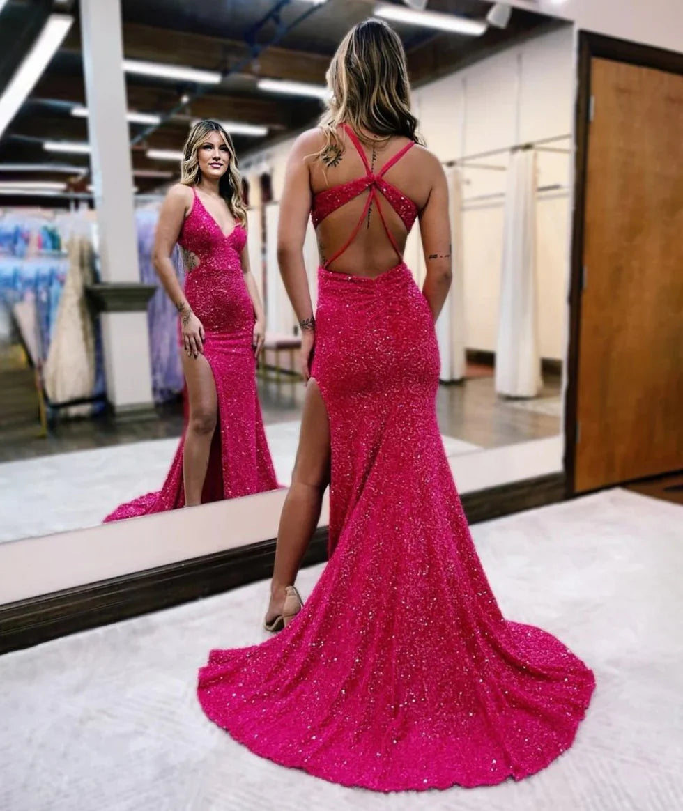 Glitter Mermaid V Neck Cutout Sequined Red Evening Dress With Slit