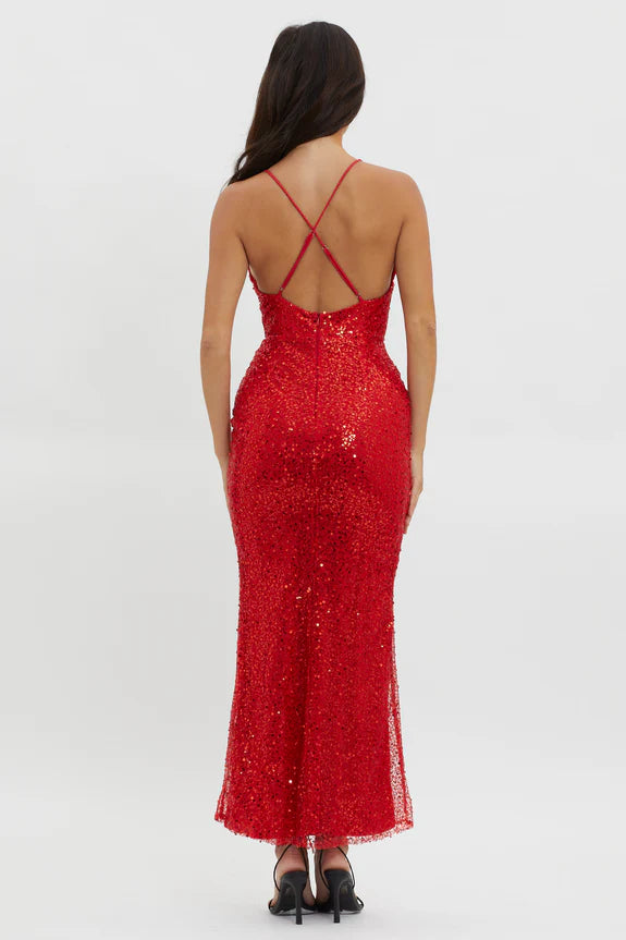 Glitter Plunging Neckline Criss-cross Back Sequin Red Evening Dress