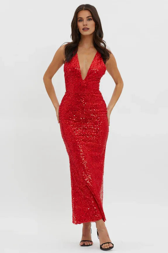 Glitter Plunging Neckline Criss-cross Back Sequin Red Evening Dress