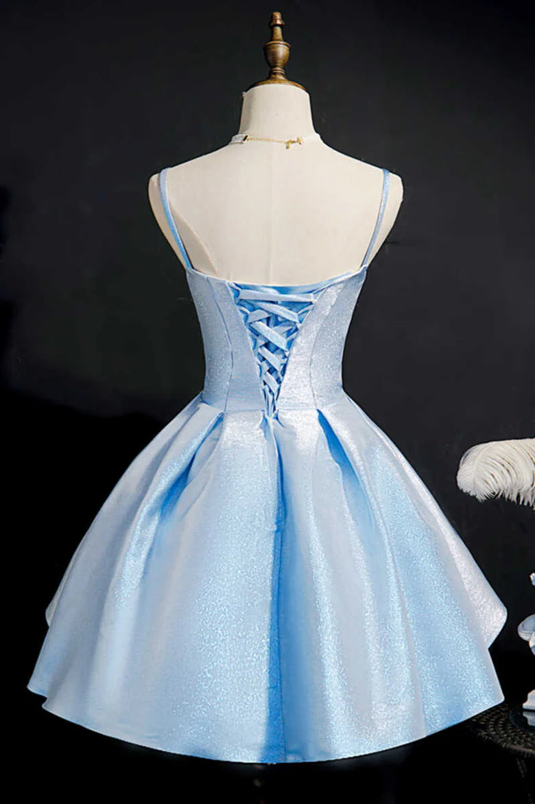 Back view of the glitter blue satin party dress, highlighting the adjustable lace-up detail.