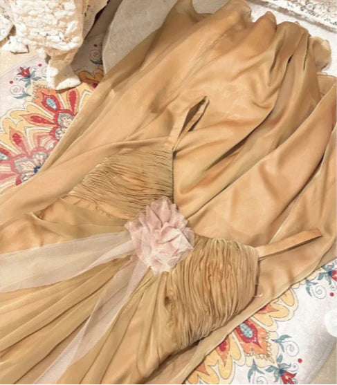 Gold Chiffon Flowing Strappy V-neck Pleated Slit Evening Dress Prom Dress With Sweep Train