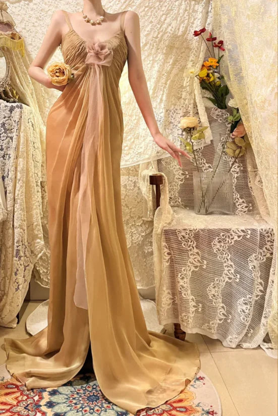 Gold Chiffon Flowing Strappy V-neck Pleated Slit Evening Dress Prom Dress With Sweep Train
