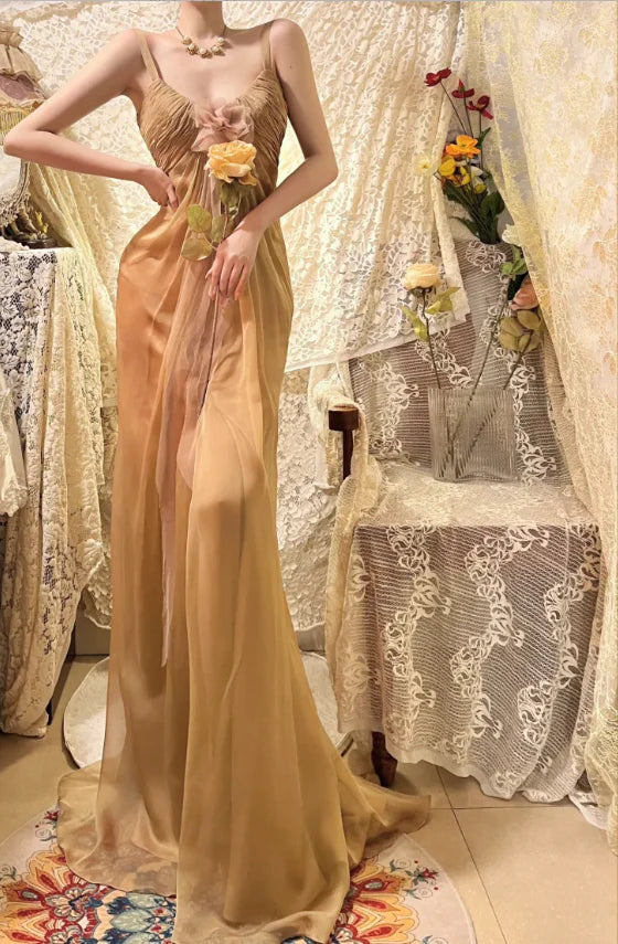 Gold Chiffon Flowing Strappy V-neck Pleated Slit Evening Dress Prom Dress With Sweep Train