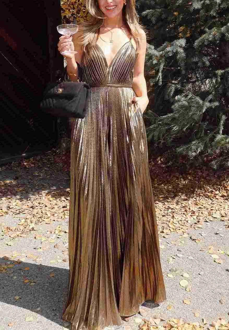 Gold Metallic A-Line Spaghetti Straps V-Neck Pleated Floor Length Long Prom Dress Discount Long Party Dresses