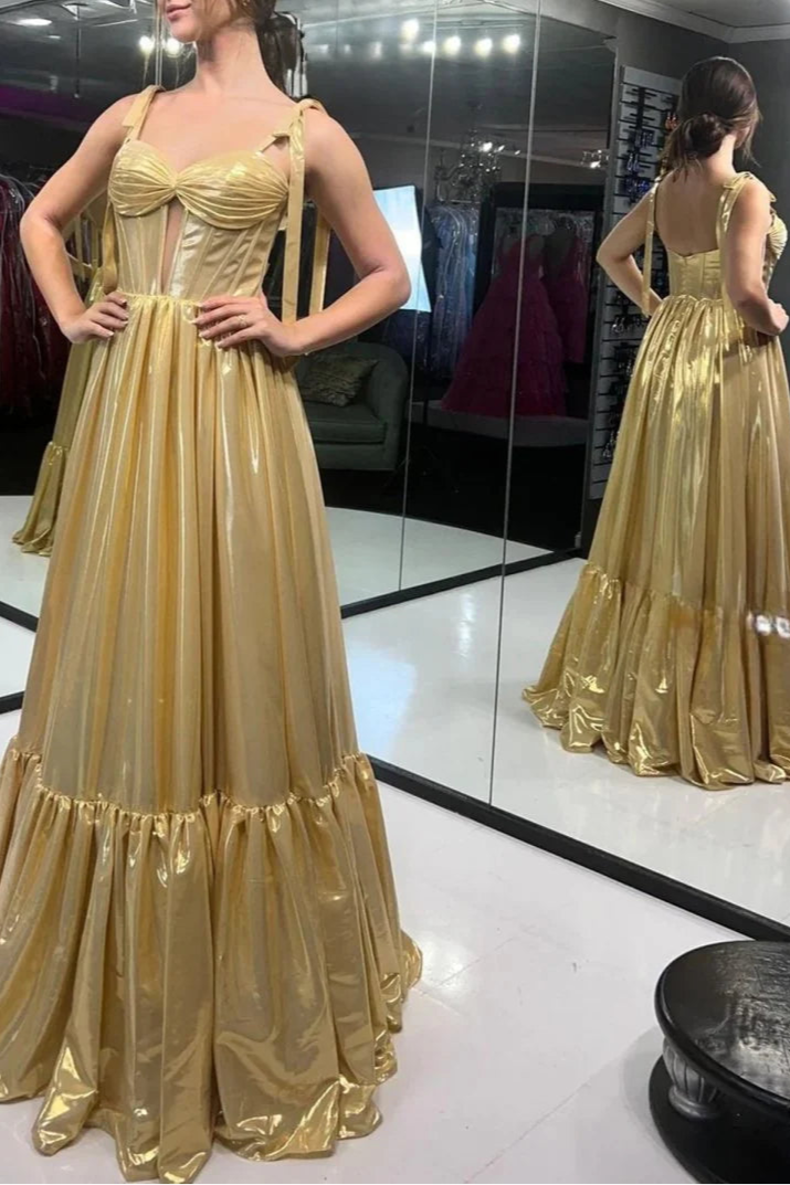 Gold Metallic Bow Straps Cut Out A-line Floor Length Long Evening Dress Gold Formal Dress