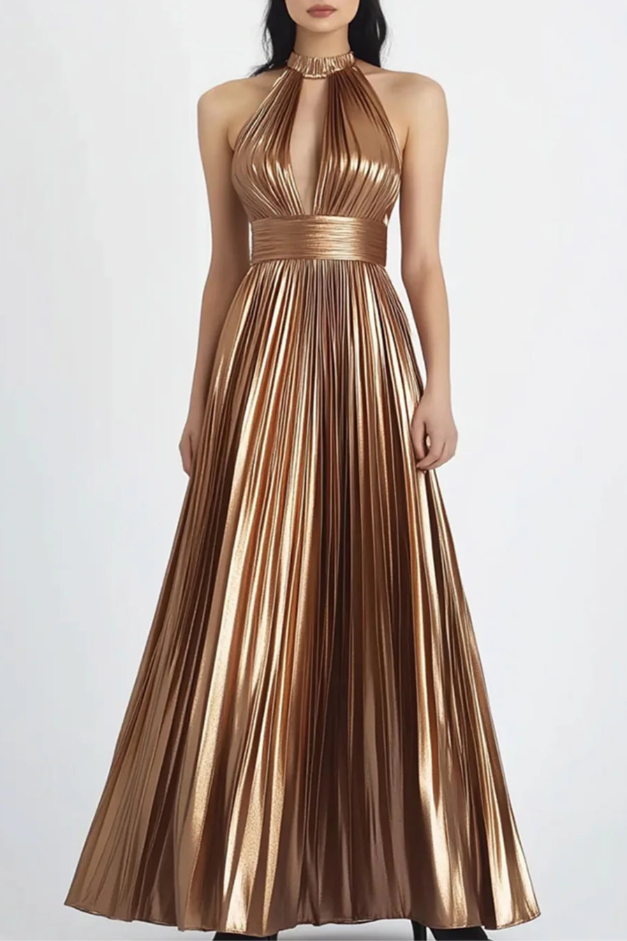 Gold Metallic Satin A Line Pleated Halter Cut Out Full Length Evening Dress Gold Prom Dress