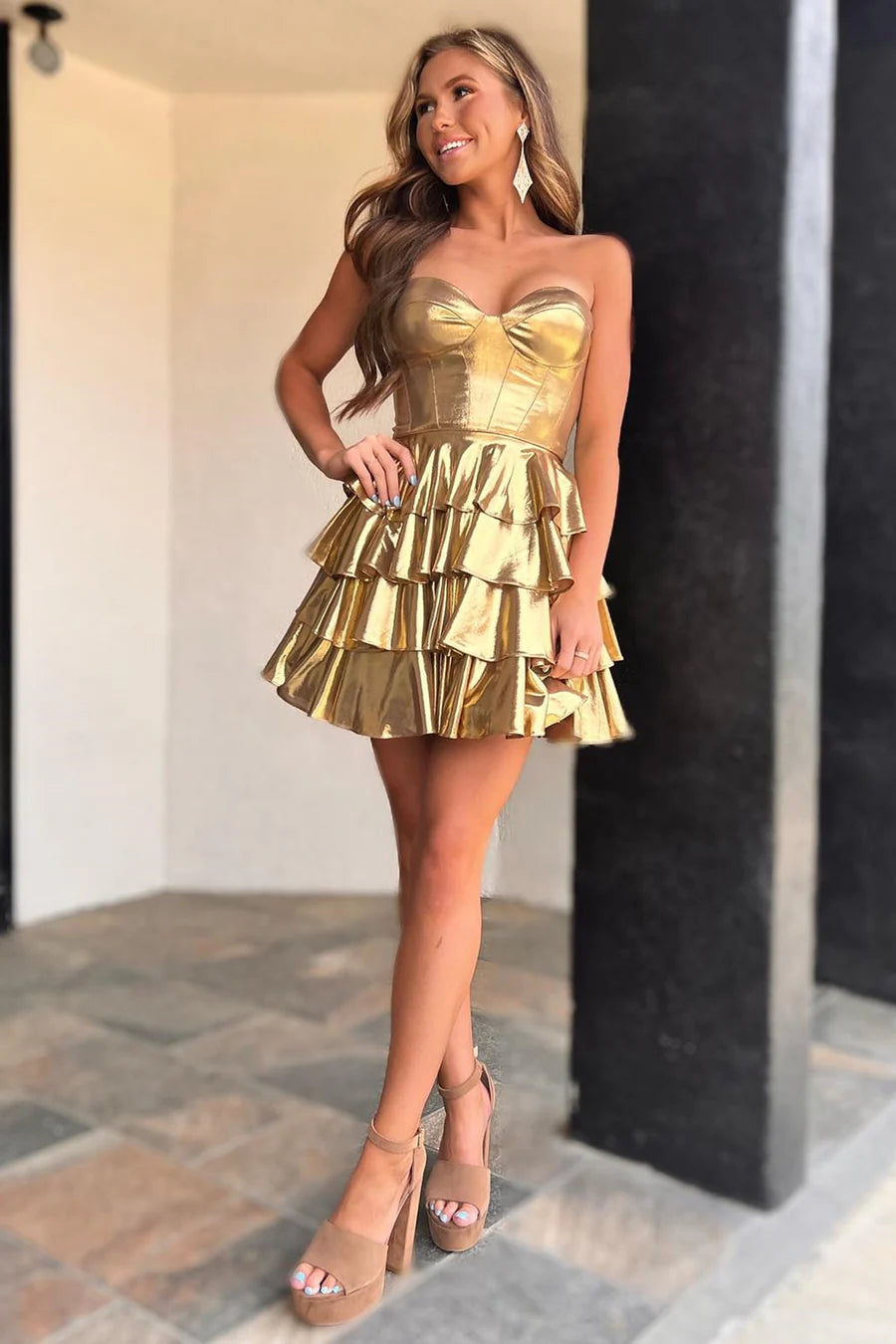 Gold Metallic Strapless Tiered A-Line Ruffle Homecoming Dress
