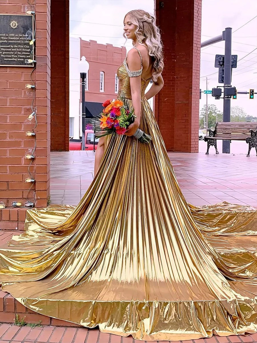 Gold Metallic With Beaded Sweetheart Collar Off the Shoulder Pleated Cutout A-Line Long Evening Gown