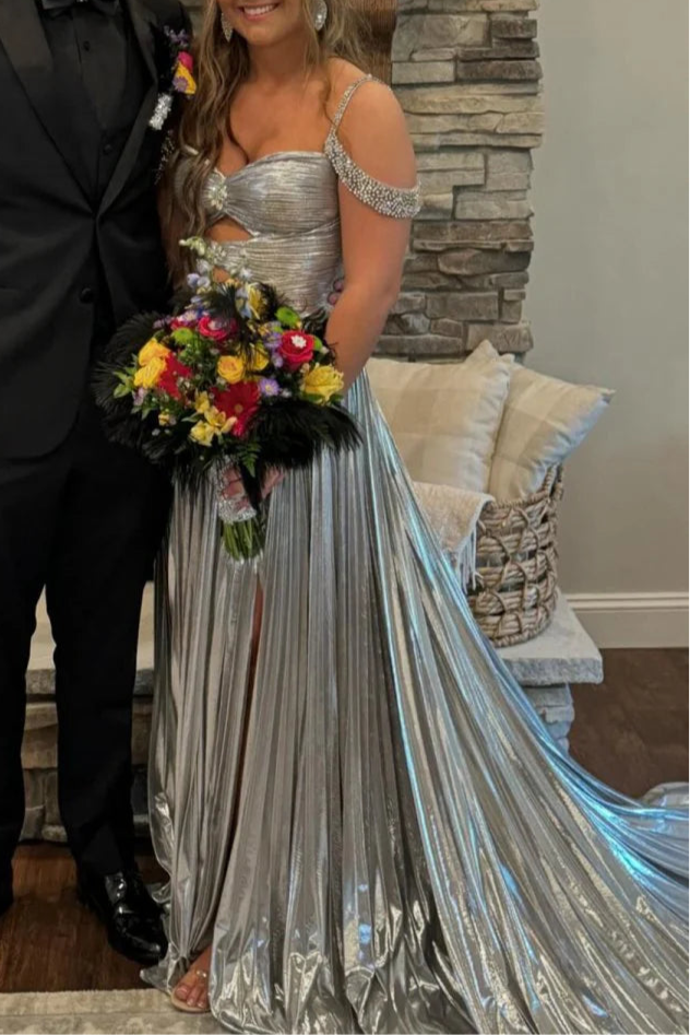 Gold Metallic With Beaded Sweetheart Collar Off the Shoulder Pleated Cutout A-Line Long Evening Gown