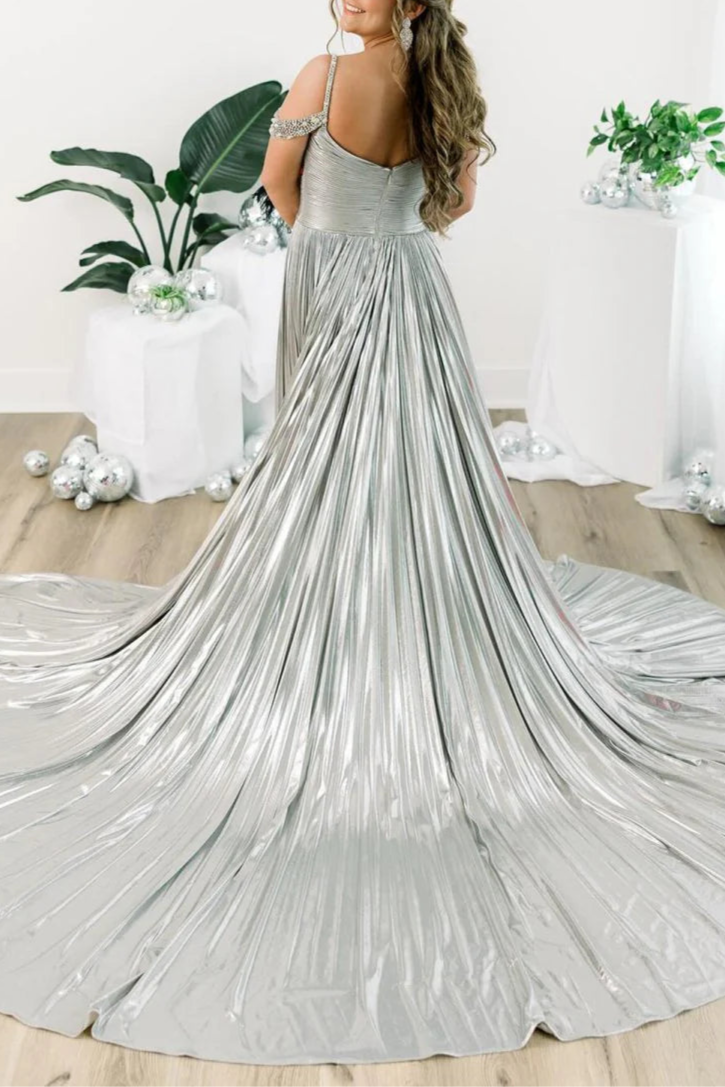 Gold Metallic With Beaded Sweetheart Collar Off the Shoulder Pleated Cutout A-Line Long Evening Gown