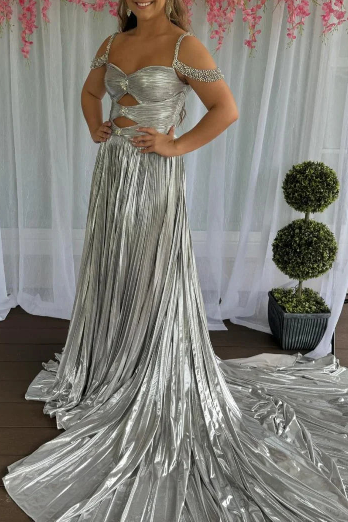 Gold Metallic With Beaded Sweetheart Collar Off the Shoulder Pleated Cutout A-Line Long Evening Gown