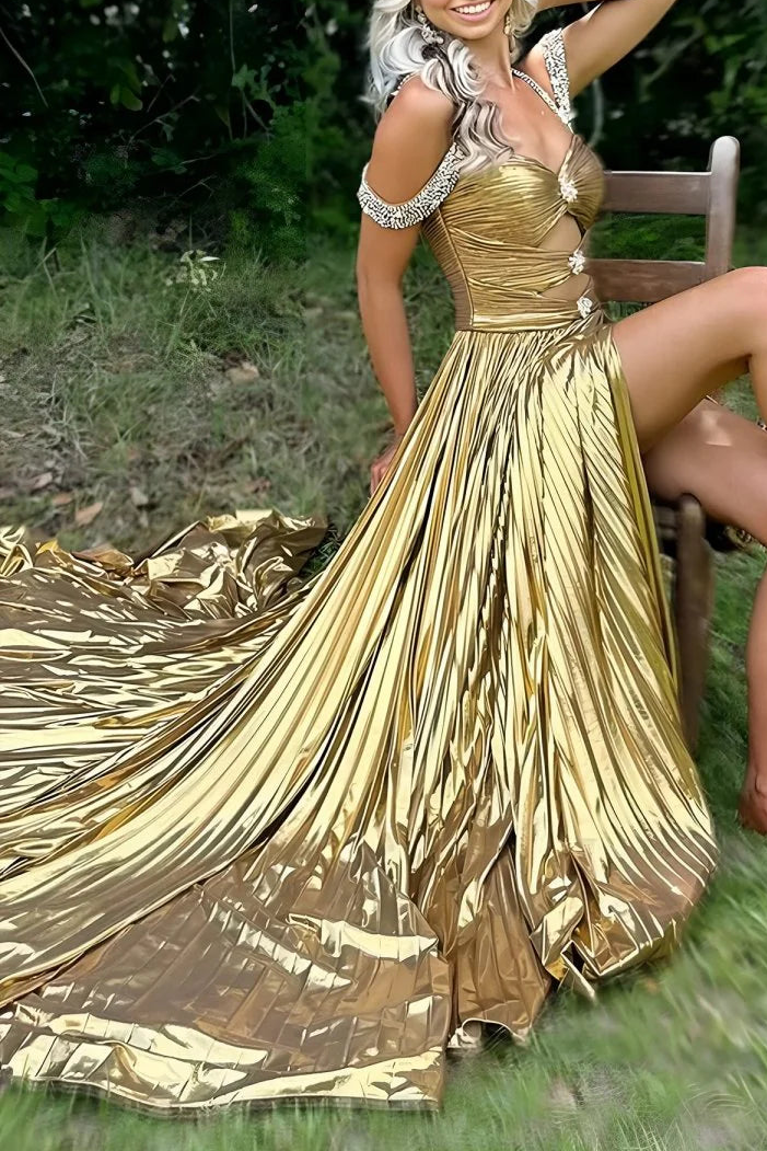Gold Metallic With Beaded Sweetheart Collar Off the Shoulder Pleated Cutout A-Line Long Evening Gown