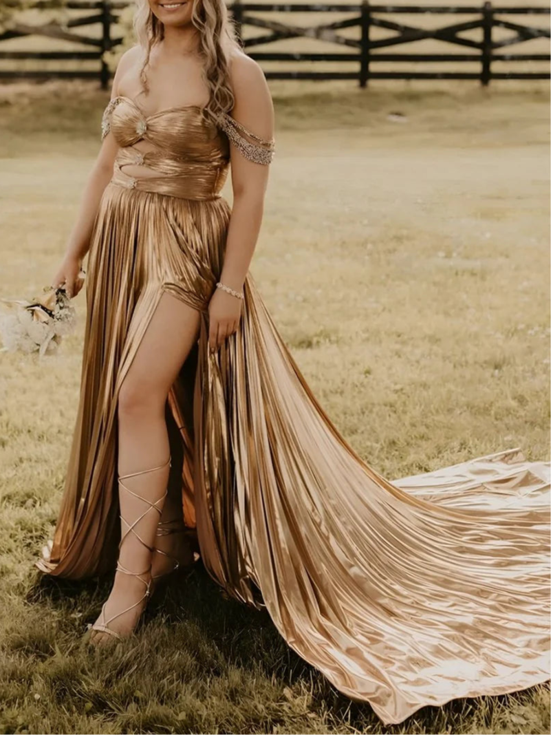 Gold Metallic With Beaded Sweetheart Collar Off the Shoulder Pleated Cutout A-Line Long Evening Gown