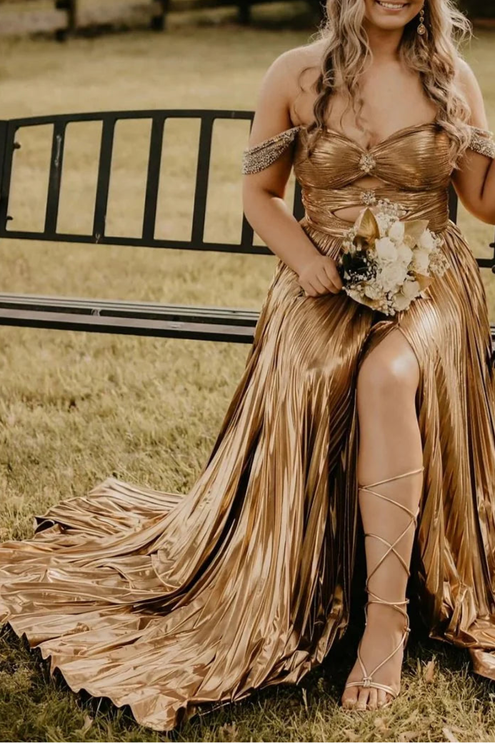 Gold Metallic With Beaded Sweetheart Collar Off the Shoulder Pleated Cutout A-Line Long Evening Gown