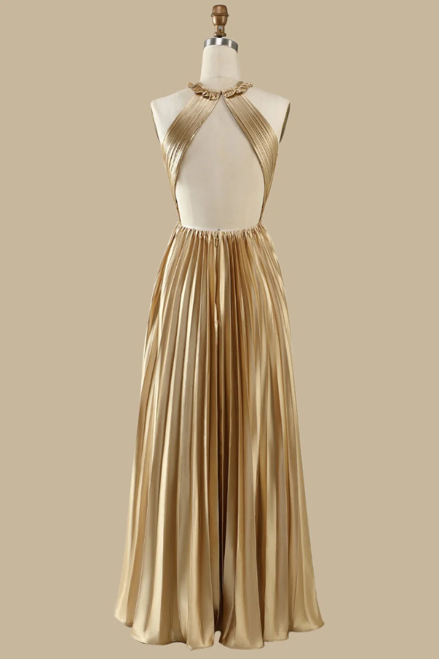 Gold Sleeveless Halter Neck Open Back Ruffle Pleated Maxi Dress Bridesmaid Dresses