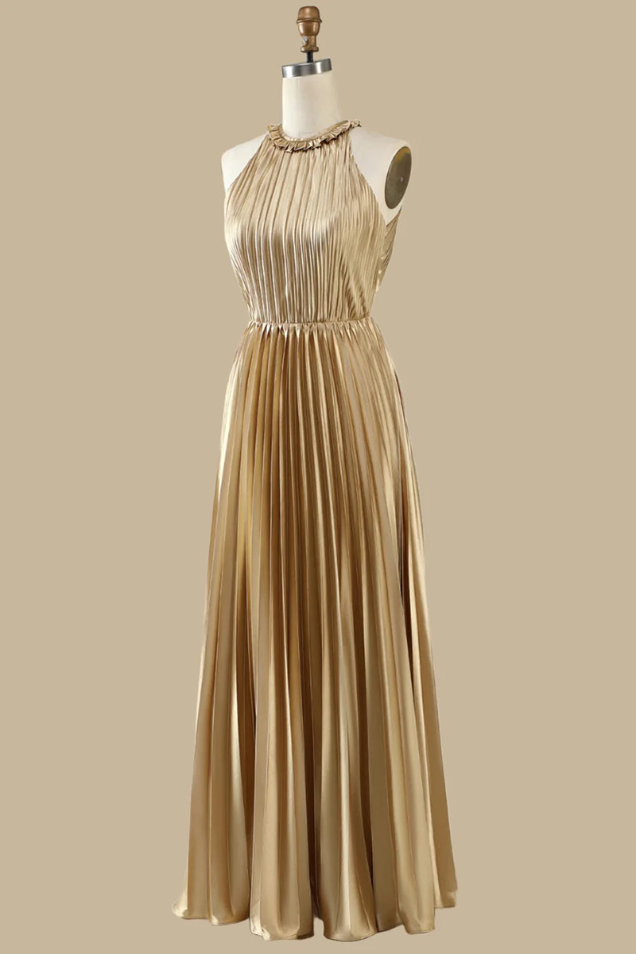 Gold Sleeveless Halter Neck Open Back Ruffle Pleated Maxi Dress Bridesmaid Dresses
