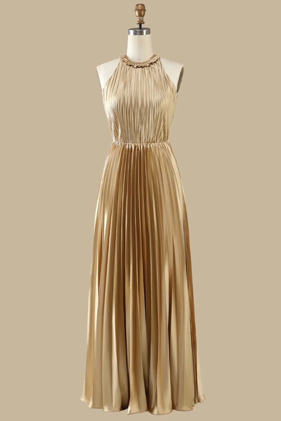 Gold Sleeveless Halter Neck Open Back Ruffle Pleated Maxi Dress Bridesmaid Dresses