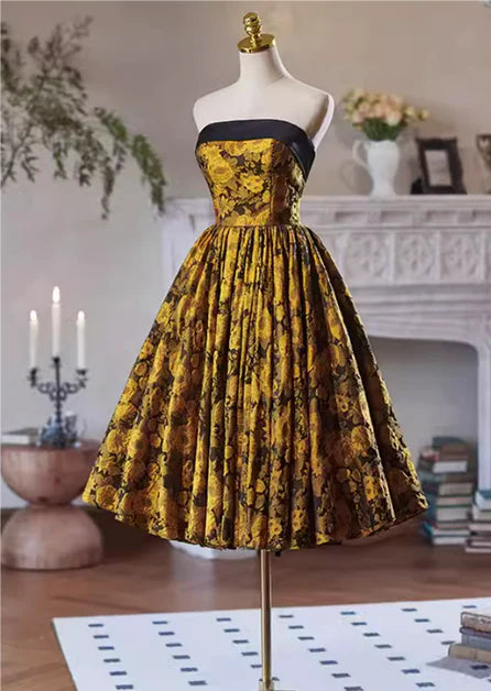 Gold Satin Floral Off Shoulder A-line Short Homecoming Dress Prom Dress
