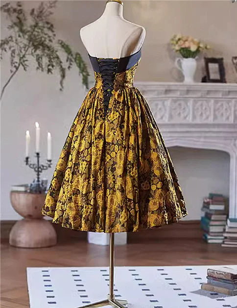 Gold Satin Floral Off Shoulder A-line Short Homecoming Dress Prom Dress