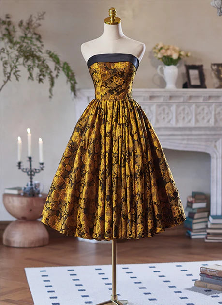 Gold Satin Floral Off Shoulder A-line Short Homecoming Dress Prom Dress