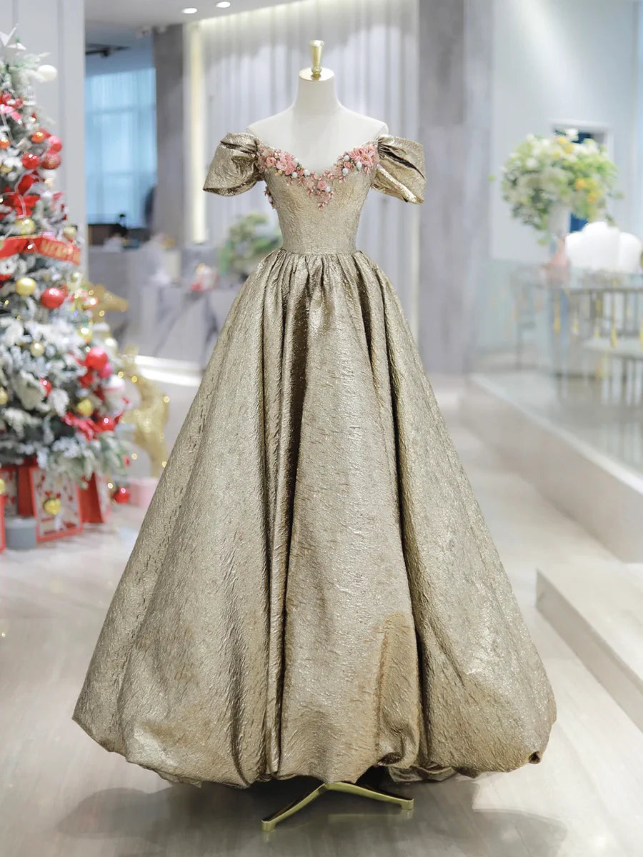 Gold Satin V-Neck Flowers Long Prom Dress Off the Shoulder A-Line Formal Dress With Bubble Hem