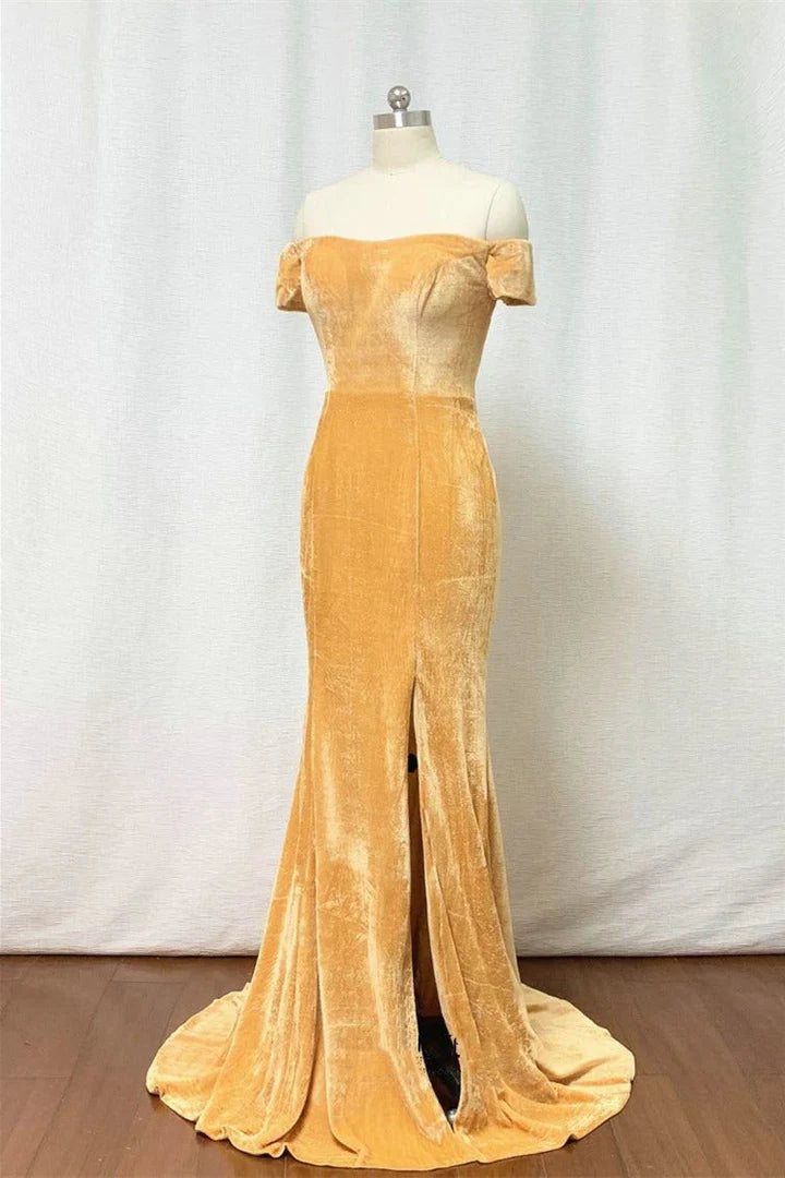 Gold Velvet Off-the-Shoulder Side Slit Mermaid Floor Length Bridesmaid Dress With Train
