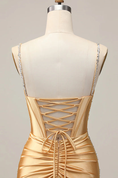 Golden Bodycon Corset Beaded Lace Up Short Homecoming Party Dress With Rhinestones