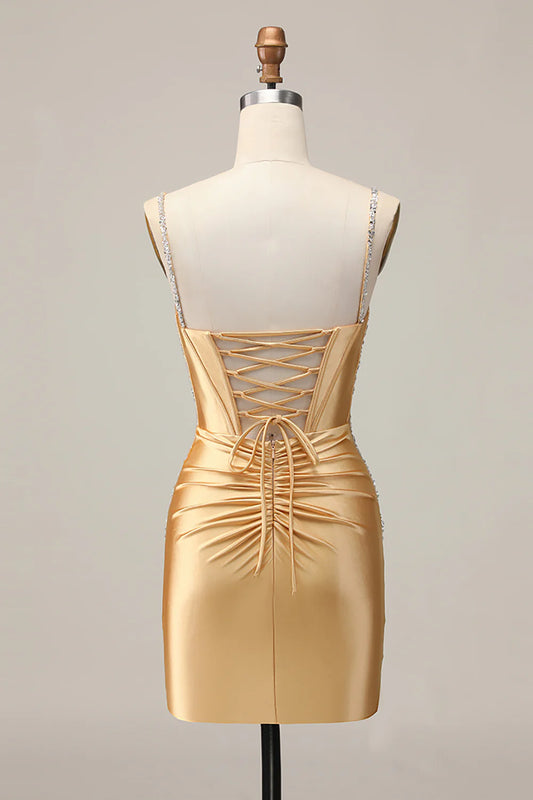 Golden Bodycon Corset Beaded Lace Up Short Homecoming Party Dress With Rhinestones