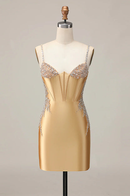 Golden Bodycon Corset Beaded Lace Up Short Homecoming Party Dress With Rhinestones