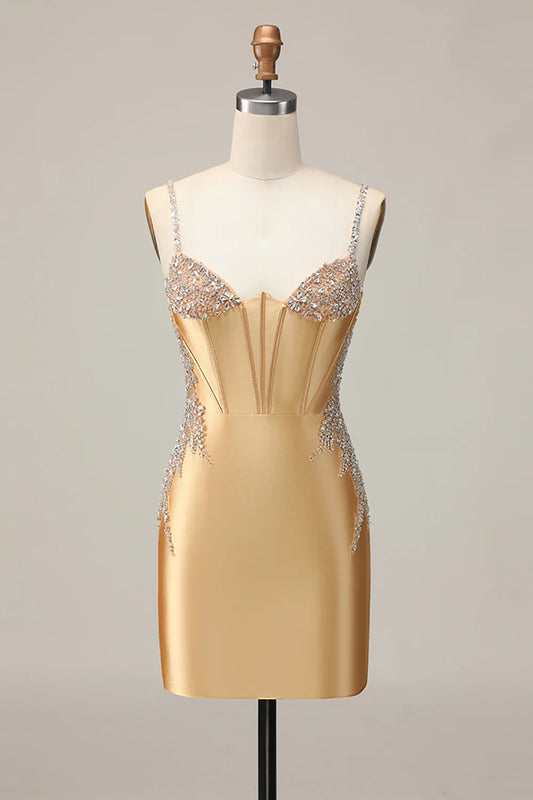Golden Bodycon Corset Beaded Lace Up Short Homecoming Party Dress With Rhinestones