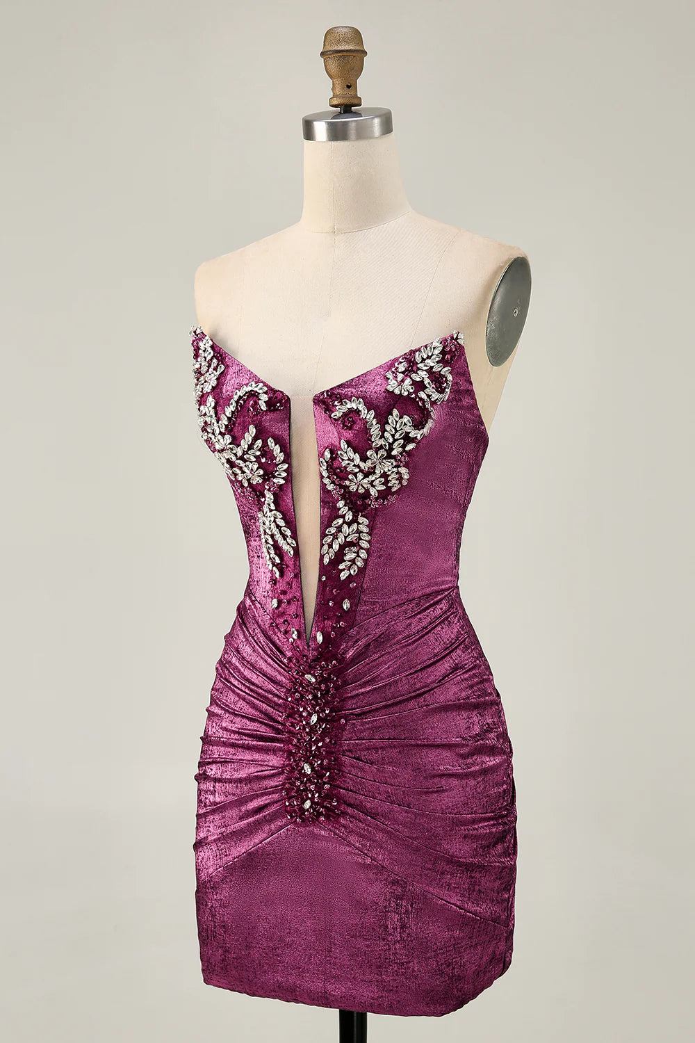 Golden Deep V Neck Strapless Beaded Short Bodycon Homecoming Party Dress With Rhinestones