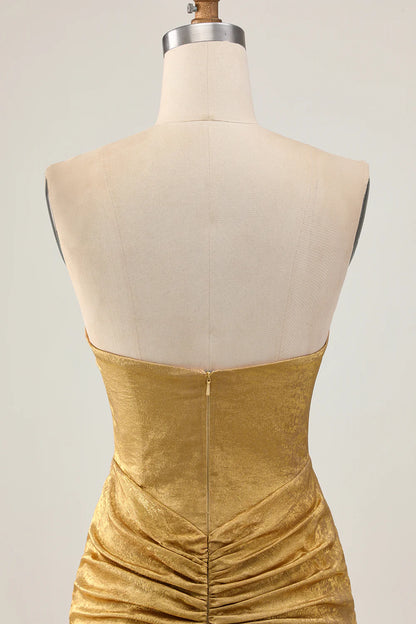 Golden Deep V Neck Strapless Beaded Short Bodycon Homecoming Party Dress With Rhinestones