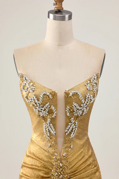 Golden Deep V Neck Strapless Beaded Short Bodycon Homecoming Party Dress With Rhinestones