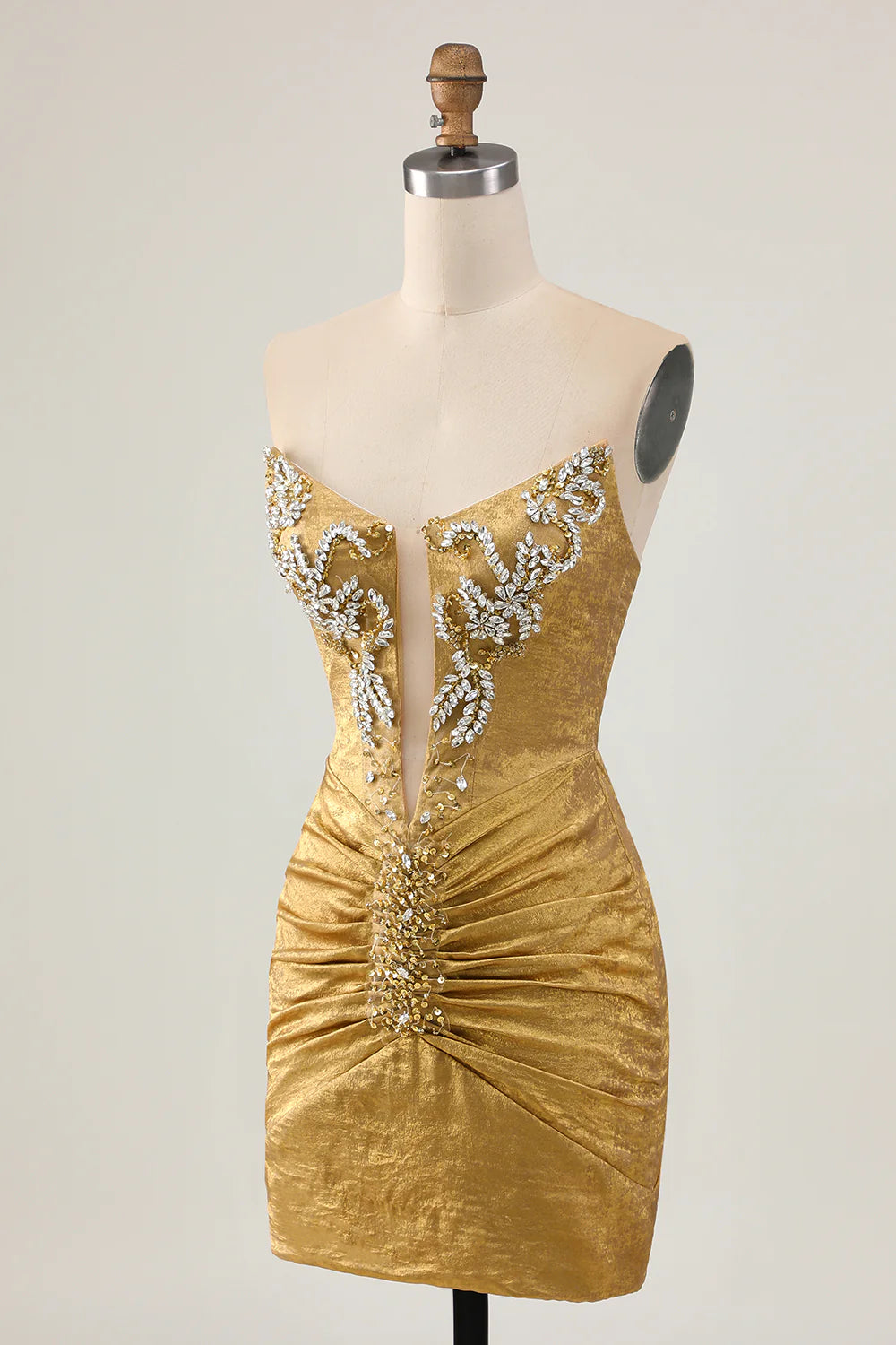 Golden Deep V Neck Strapless Beaded Short Bodycon Homecoming Party Dress With Rhinestones