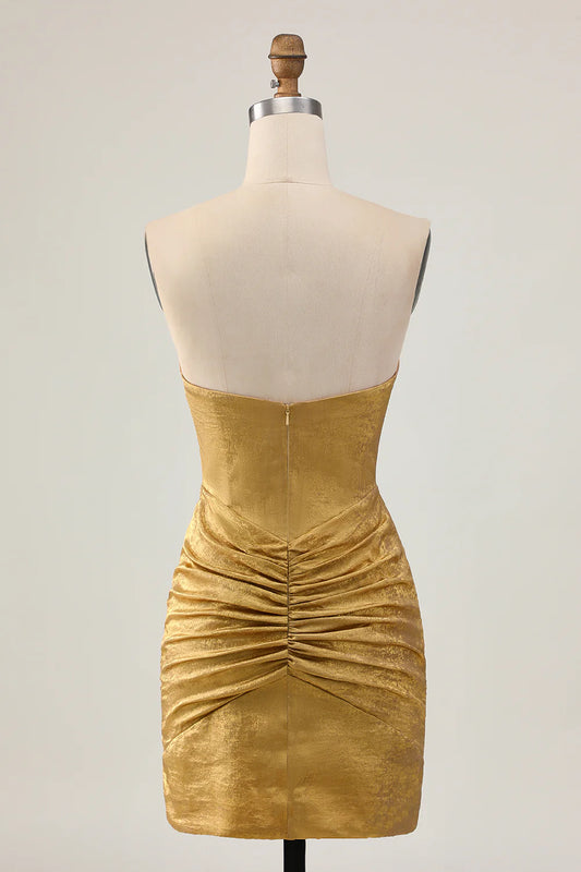Golden Deep V Neck Strapless Beaded Short Bodycon Homecoming Party Dress With Rhinestones