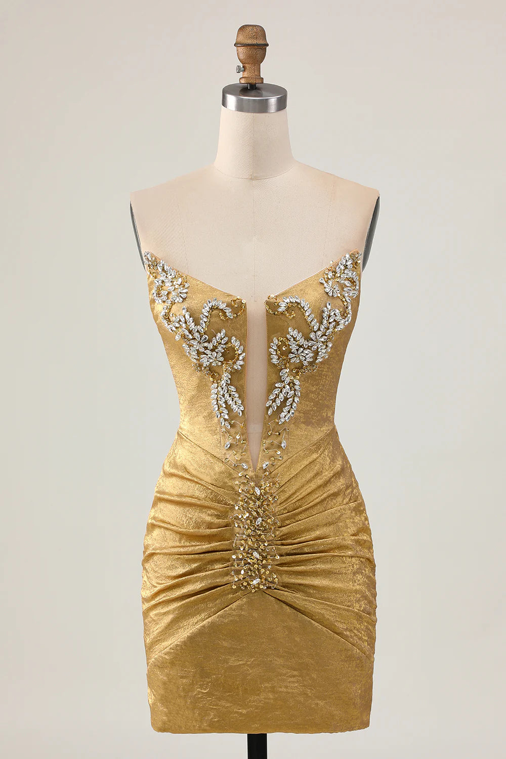 Golden Deep V Neck Strapless Beaded Short Bodycon Homecoming Party Dress With Rhinestones