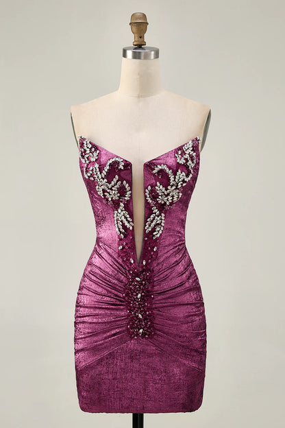 Golden Deep V Neck Strapless Beaded Short Bodycon Homecoming Party Dress With Rhinestones
