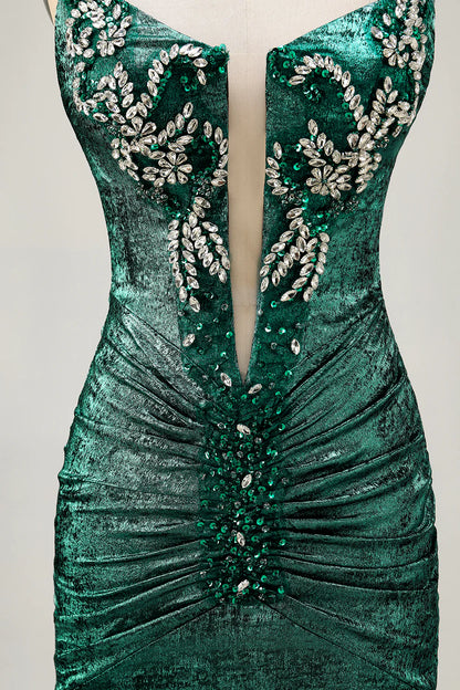 Golden Deep V Neck Strapless Beaded Short Bodycon Homecoming Party Dress With Rhinestones
