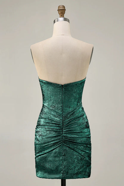 Golden Deep V Neck Strapless Beaded Short Bodycon Homecoming Party Dress With Rhinestones