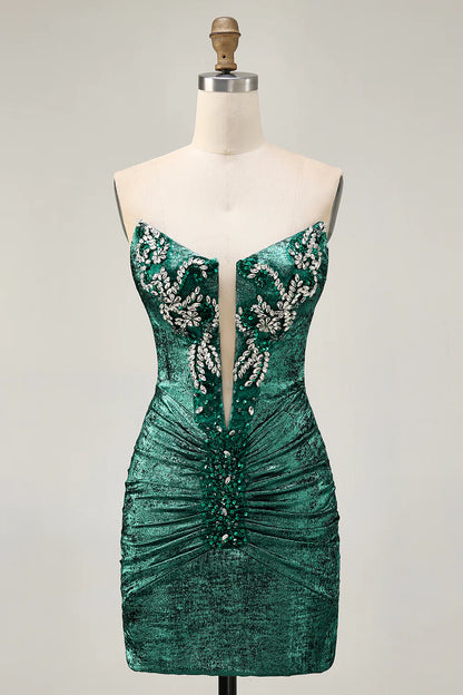 Golden Deep V Neck Strapless Beaded Short Bodycon Homecoming Party Dress With Rhinestones