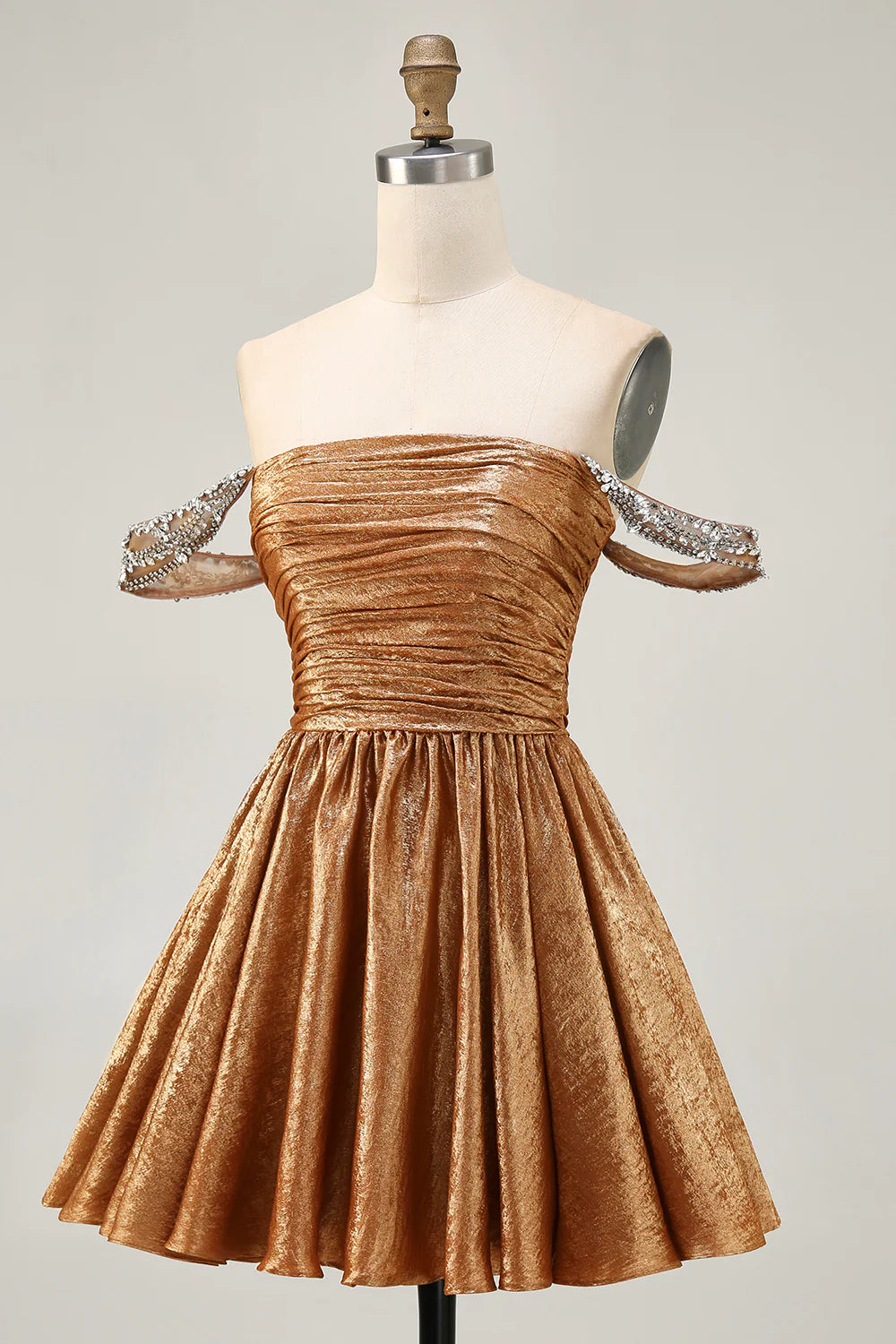 Golden Metallic A-Line Off The Shoulder Beaded Ruched Homecoming Party Dress With Rhinestones