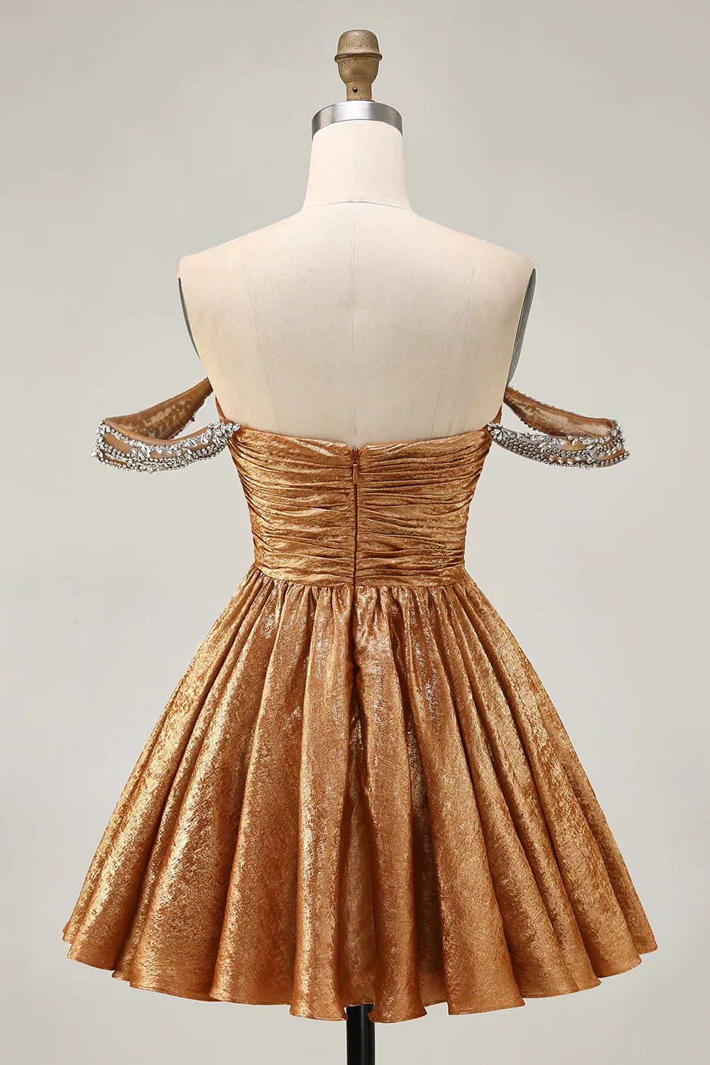 Golden Metallic A-Line Off The Shoulder Beaded Ruched Homecoming Party Dress With Rhinestones