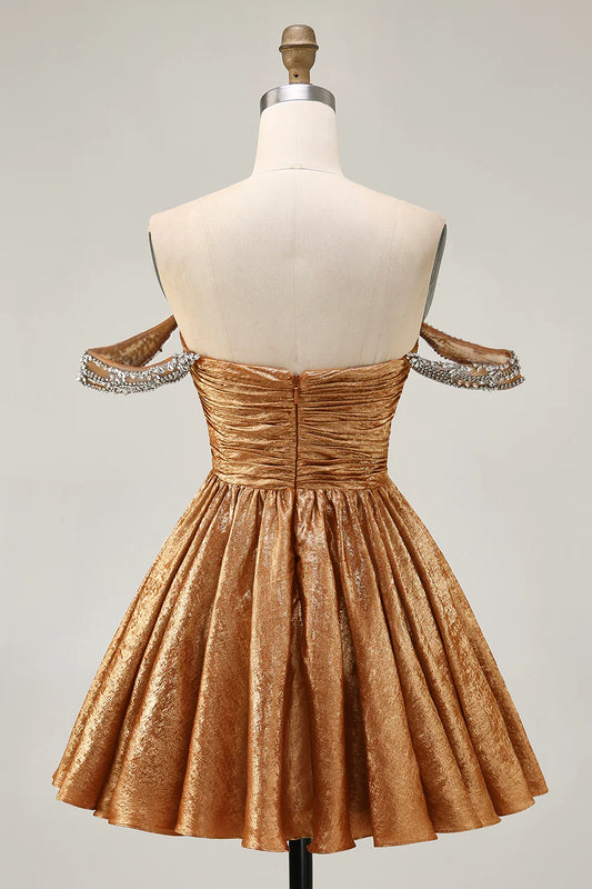 Golden Metallic A-Line Off The Shoulder Beaded Ruched Homecoming Party Dress With Rhinestones