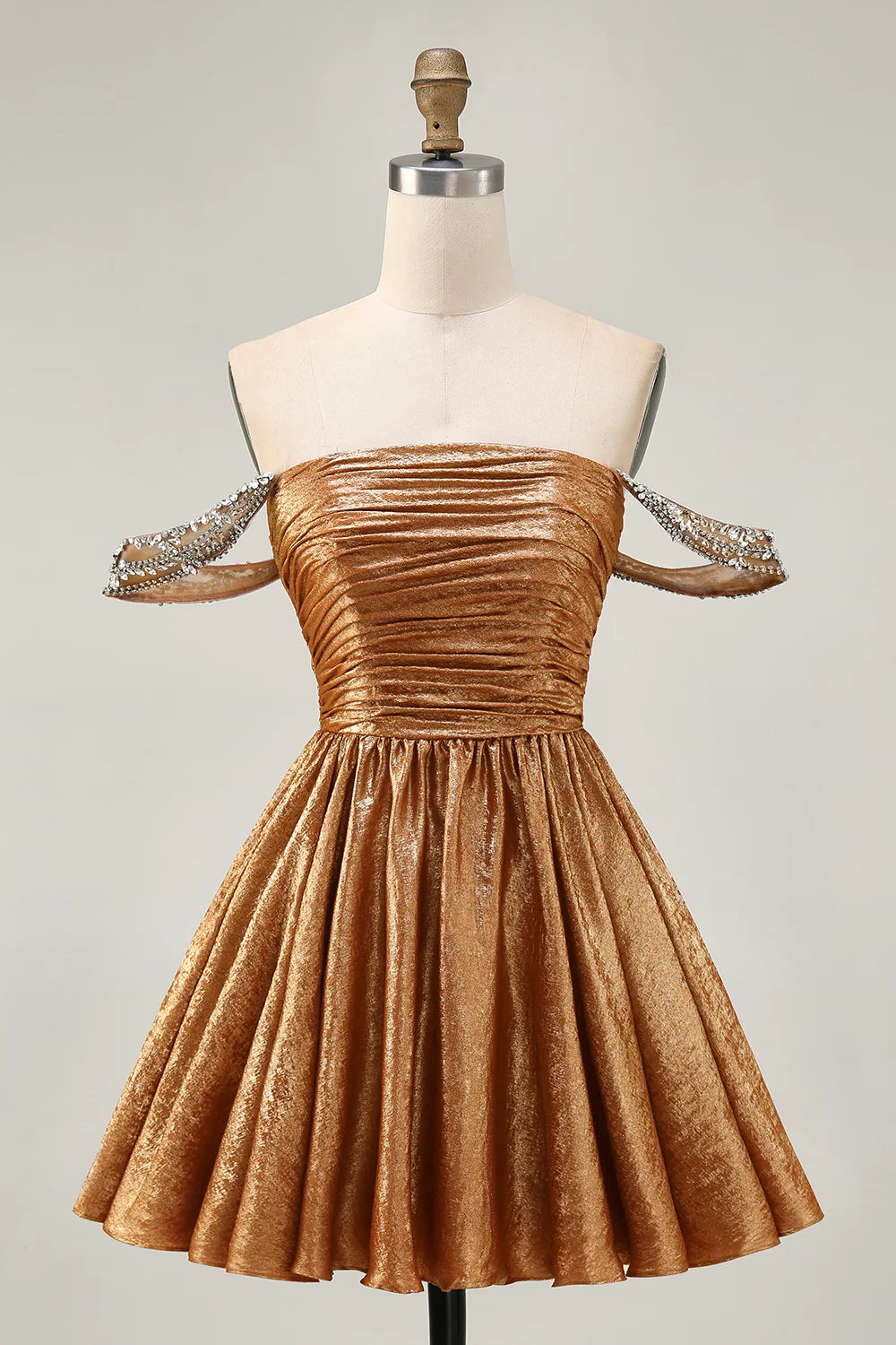 Golden Metallic A-Line Off The Shoulder Beaded Ruched Homecoming Party Dress With Rhinestones